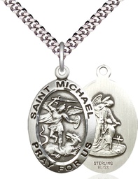 [4027SS/24S] Sterling Silver Saint Michael the Archangel Pendant on a 24 inch Light Rhodium Heavy Curb chain
