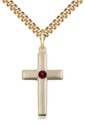 [2195GF-STN1/24G] 14kt Gold Filled Cross Pendant with a 3mm Garnet Swarovski stone on a 24 inch Gold Plate Heavy Curb chain