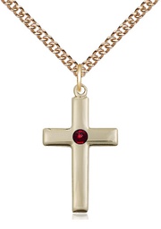 [2195GF-STN1/24GF] 14kt Gold Filled Cross Pendant with a 3mm Garnet Swarovski stone on a 24 inch Gold Filled Heavy Curb chain