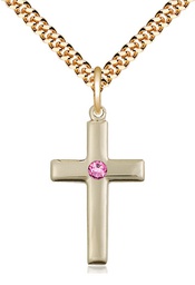 [2195GF-STN10/24G] 14kt Gold Filled Cross Pendant with a 3mm Rose Swarovski stone on a 24 inch Gold Plate Heavy Curb chain