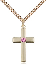 [2195GF-STN10/24GF] 14kt Gold Filled Cross Pendant with a 3mm Rose Swarovski stone on a 24 inch Gold Filled Heavy Curb chain