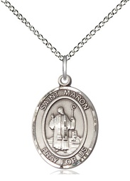 [8417SS/18SS] Sterling Silver Saint Maron Pendant on a 18 inch Sterling Silver Light Curb chain