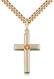 [2195GF-STN11/24G] 14kt Gold Filled Cross Pendant with a 3mm Topaz Swarovski stone on a 24 inch Gold Plate Heavy Curb chain