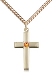 [2195GF-STN11/24GF] 14kt Gold Filled Cross Pendant with a 3mm Topaz Swarovski stone on a 24 inch Gold Filled Heavy Curb chain