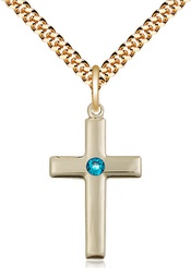 [2195GF-STN12/24G] 14kt Gold Filled Cross Pendant with a 3mm Zircon Swarovski stone on a 24 inch Gold Plate Heavy Curb chain