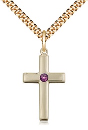 [2195GF-STN2/24G] 14kt Gold Filled Cross Pendant with a 3mm Amethyst Swarovski stone on a 24 inch Gold Plate Heavy Curb chain