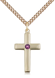 [2195GF-STN2/24GF] 14kt Gold Filled Cross Pendant with a 3mm Amethyst Swarovski stone on a 24 inch Gold Filled Heavy Curb chain