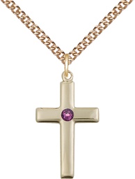 [2195GF-STN2/24GF] 14kt Gold Filled Cross Pendant with a 3mm Amethyst Swarovski stone on a 24 inch Gold Filled Heavy Curb chain