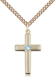 [2195GF-STN3/24GF] 14kt Gold Filled Cross Pendant with a 3mm Aqua Swarovski stone on a 24 inch Gold Filled Heavy Curb chain