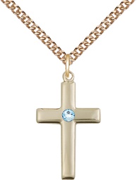 [2195GF-STN3/24GF] 14kt Gold Filled Cross Pendant with a 3mm Aqua Swarovski stone on a 24 inch Gold Filled Heavy Curb chain