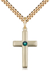 [2195GF-STN5/24G] 14kt Gold Filled Cross Pendant with a 3mm Emerald Swarovski stone on a 24 inch Gold Plate Heavy Curb chain