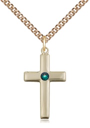 [2195GF-STN5/24GF] 14kt Gold Filled Cross Pendant with a 3mm Emerald Swarovski stone on a 24 inch Gold Filled Heavy Curb chain