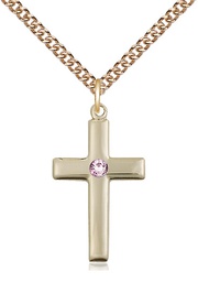 [2195GF-STN6/24GF] 14kt Gold Filled Cross Pendant with a 3mm Light Amethyst Swarovski stone on a 24 inch Gold Filled Heavy Curb chain