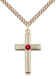 [2195GF-STN7/24GF] 14kt Gold Filled Cross Pendant with a 3mm Ruby Swarovski stone on a 24 inch Gold Filled Heavy Curb chain