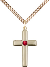 [2195GF-STN7/24GF] 14kt Gold Filled Cross Pendant with a 3mm Ruby Swarovski stone on a 24 inch Gold Filled Heavy Curb chain