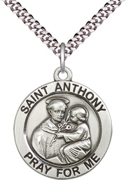 [4076SS/24S] Sterling Silver Saint Anthony Pendant on a 24 inch Light Rhodium Heavy Curb chain