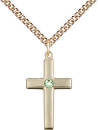 [2195GF-STN8/24GF] 14kt Gold Filled Cross Pendant with a 3mm Peridot Swarovski stone on a 24 inch Gold Filled Heavy Curb chain