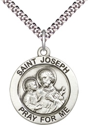 [4079SS/24S] Sterling Silver Saint Joseph Pendant on a 24 inch Light Rhodium Heavy Curb chain