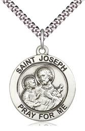 [4079SS/24S] Sterling Silver Saint Joseph Pendant on a 24 inch Light Rhodium Heavy Curb chain