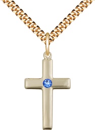 [2195GF-STN9/24G] 14kt Gold Filled Cross Pendant with a 3mm Sapphire Swarovski stone on a 24 inch Gold Plate Heavy Curb chain