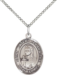 [8438SS/18SS] Sterling Silver Saint Kateri Tekakwitha Pendant on a 18 inch Sterling Silver Light Curb chain