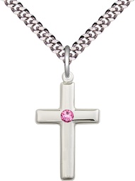 [2195SS-STN10/24S] Sterling Silver Cross Pendant with a 3mm Rose Swarovski stone on a 24 inch Light Rhodium Heavy Curb chain