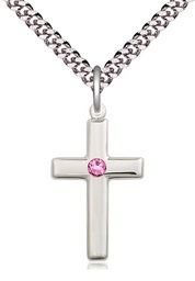 [2195SS-STN10/24S] Sterling Silver Cross Pendant with a 3mm Rose Swarovski stone on a 24 inch Light Rhodium Heavy Curb chain