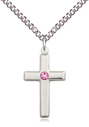 [2195SS-STN10/24SS] Sterling Silver Cross Pendant with a 3mm Rose Swarovski stone on a 24 inch Sterling Silver Heavy Curb chain