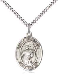 [8415SS/18S] Sterling Silver Saint Theodore Stratelates Pendant on a 18 inch Light Rhodium Light Curb chain