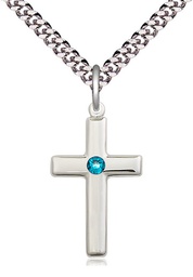 [2195SS-STN12/24S] Sterling Silver Cross Pendant with a 3mm Zircon Swarovski stone on a 24 inch Light Rhodium Heavy Curb chain