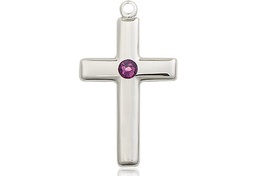 [2195SS-STN2] Sterling Silver Cross Medal with a 3mm Amethyst Swarovski stone