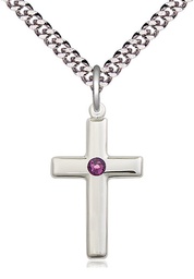 [2195SS-STN2/24S] Sterling Silver Cross Pendant with a 3mm Amethyst Swarovski stone on a 24 inch Light Rhodium Heavy Curb chain