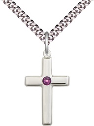 [2195SS-STN2/24S] Sterling Silver Cross Pendant with a 3mm Amethyst Swarovski stone on a 24 inch Light Rhodium Heavy Curb chain