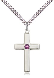 [2195SS-STN2/24SS] Sterling Silver Cross Pendant with a 3mm Amethyst Swarovski stone on a 24 inch Sterling Silver Heavy Curb chain