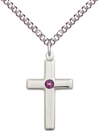 [2195SS-STN2/24SS] Sterling Silver Cross Pendant with a 3mm Amethyst Swarovski stone on a 24 inch Sterling Silver Heavy Curb chain