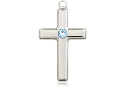[2195SS-STN3] Sterling Silver Cross Medal with a 3mm Aqua Swarovski stone