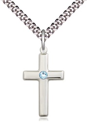 [2195SS-STN3/24S] Sterling Silver Cross Pendant with a 3mm Aqua Swarovski stone on a 24 inch Light Rhodium Heavy Curb chain