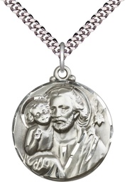 [4141SS/24S] Sterling Silver Saint Joseph Pendant on a 24 inch Light Rhodium Heavy Curb chain