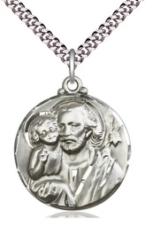 [4141SS/24S] Sterling Silver Saint Joseph Pendant on a 24 inch Light Rhodium Heavy Curb chain