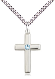 [2195SS-STN3/24SS] Sterling Silver Cross Pendant with a 3mm Aqua Swarovski stone on a 24 inch Sterling Silver Heavy Curb chain