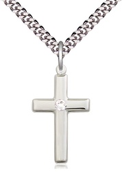 [2195SS-STN4/24S] Sterling Silver Cross Pendant with a 3mm Crystal Swarovski stone on a 24 inch Light Rhodium Heavy Curb chain