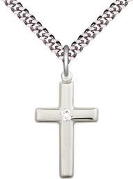 [2195SS-STN4/24S] Sterling Silver Cross Pendant with a 3mm Crystal Swarovski stone on a 24 inch Light Rhodium Heavy Curb chain