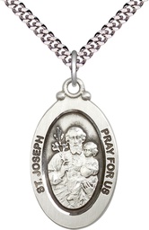 [4145KSS/24S] Sterling Silver Saint Joseph Pendant on a 24 inch Light Rhodium Heavy Curb chain