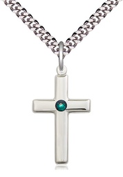 [2195SS-STN5/24S] Sterling Silver Cross Pendant with a 3mm Emerald Swarovski stone on a 24 inch Light Rhodium Heavy Curb chain