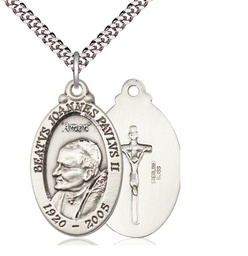 [4145PJPSS/24S] Sterling Silver Saint John Paul II Pendant on a 24 inch Light Rhodium Heavy Curb chain