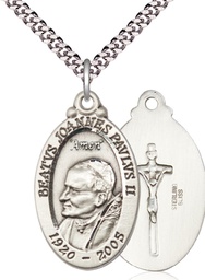 [4145PJPSS/24S] Sterling Silver Saint John Paul II Pendant on a 24 inch Light Rhodium Heavy Curb chain