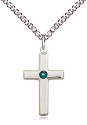 [2195SS-STN5/24SS] Sterling Silver Cross Pendant with a 3mm Emerald Swarovski stone on a 24 inch Sterling Silver Heavy Curb chain