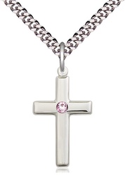 [2195SS-STN6/24S] Sterling Silver Cross Pendant with a 3mm Light Amethyst Swarovski stone on a 24 inch Light Rhodium Heavy Curb chain