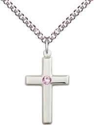 [2195SS-STN6/24SS] Sterling Silver Cross Pendant with a 3mm Light Amethyst Swarovski stone on a 24 inch Sterling Silver Heavy Curb chain