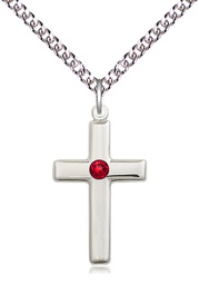 [2195SS-STN7/24SS] Sterling Silver Cross Pendant with a 3mm Ruby Swarovski stone on a 24 inch Sterling Silver Heavy Curb chain